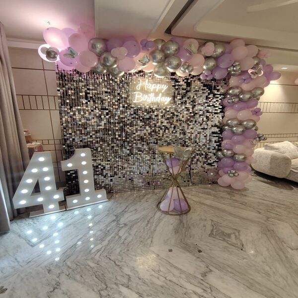 Customized Birthday & Anniversary Decoration Setup with Balloon Arch, LED Age Numbers & Sequin Backdrop