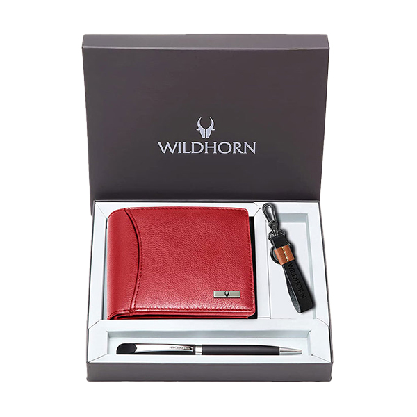 WILDHORN CORDOVA Premium Leather Wallet, Keychain & Pen Gift Set (Red)