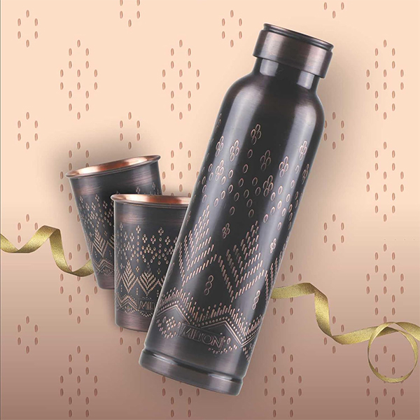 MILTON Copper Elegante Gift Set (1- Bottle, 940 ml and 2-Tumbler, 290 ml Each), Copper Ethnic