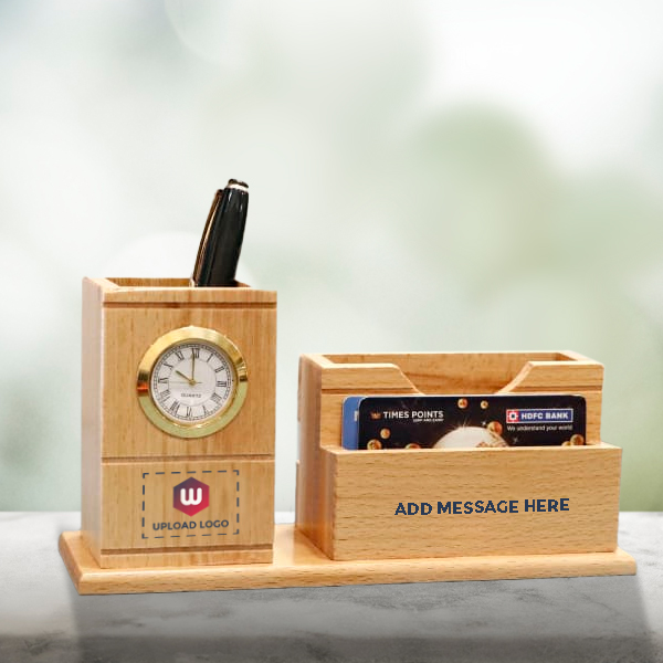 Wooden Pen Holder with Clock – Personalized Logo & Message-2