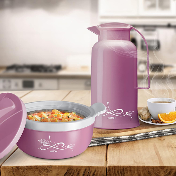 MILTON  Souvenir Gift Set Tint Purple 1500 Casserole 1.38 L & Crystal 1000 Flask - 970 ml-4