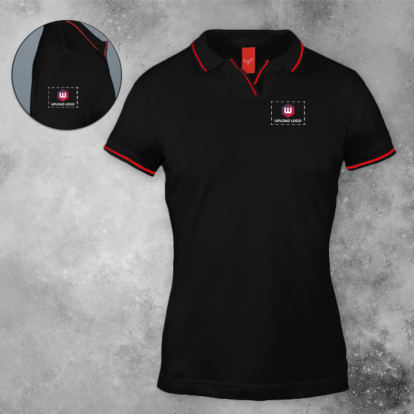 Scott Organic Cotton Polo T-Shirt for Women Black with Red - Custom Logo Left Chest & Right Arm