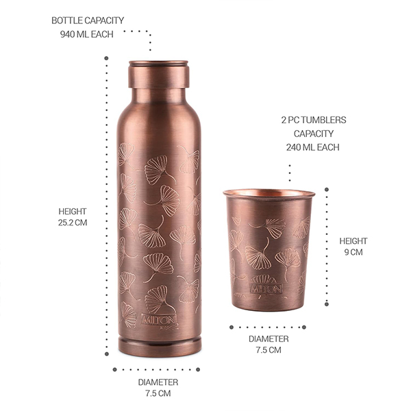 MILTON Copper Elegante Gift Set (1- Bottle, 940 ml and 2-Tumbler, 290 ml Each), Copper Petals-5