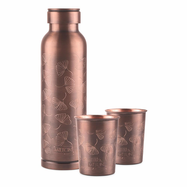 MILTON Copper Elegante Gift Set (1- Bottle, 940 ml and 2-Tumbler, 290 ml Each), Copper Petals-1