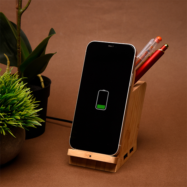 Wangari Maple-Bamboo Multi Function 15W Wireless Charger With Cable & Pen Stand-1