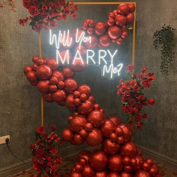 Will You Marry Me Romantic Red Balloon & Floral Proposal Setup