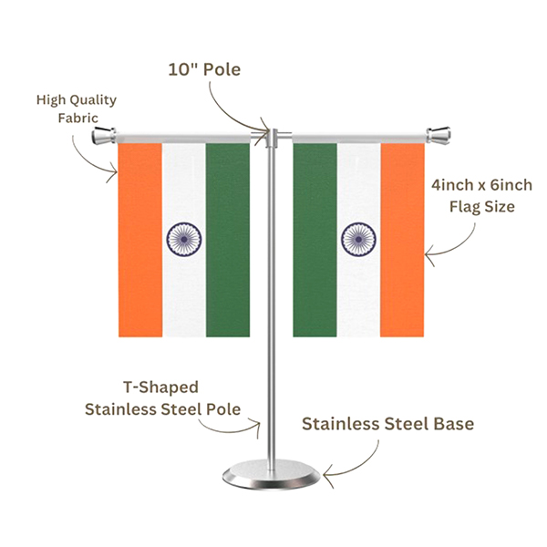 T-Shaped Indian Table Flag with SS Base & 10 Inch Pole – 4x6 Flags Silk Tricolor for Desk & Décor-2