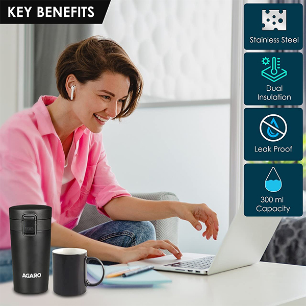 AGARO Elite Stainless Steel 300ML Travel Mug - Black-1