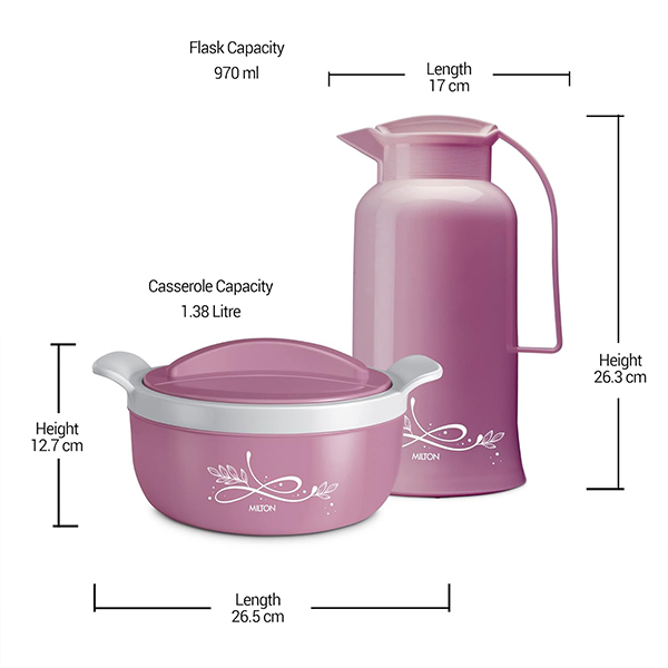MILTON  Souvenir Gift Set Tint Purple 1500 Casserole 1.38 L & Crystal 1000 Flask - 970 ml-5