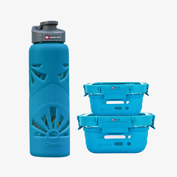 Glasafe Desk Munch Office Combo Set of 3 (Tiffin: 320mlx1 + 520mlx1 + Bottle: 750ml) -  Tranquil Teal
