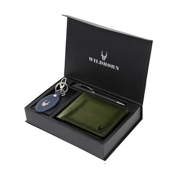 WILDHORN COSTA MESSA Leather Gift Set – Wallet, Keychain & Pen (Forest Green)