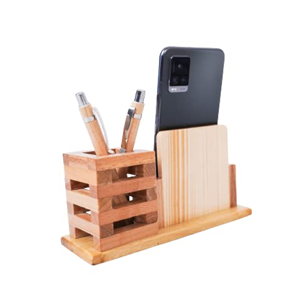 Wooden Desk Organizer Pen, Cards & Mobile Holder for Office & Home Décor-2