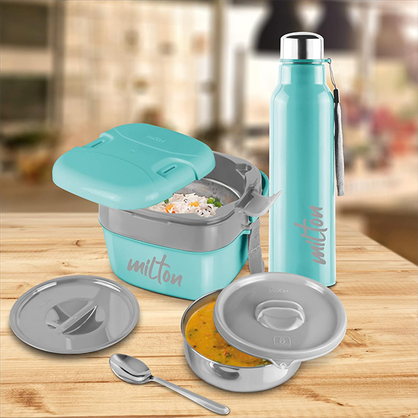MILTON Cube Lunchmate (Steel Fit Insulated Water Bottle, 630 ml & Cubic Big Tiffin, 1.1 liter) Aqua Green-1