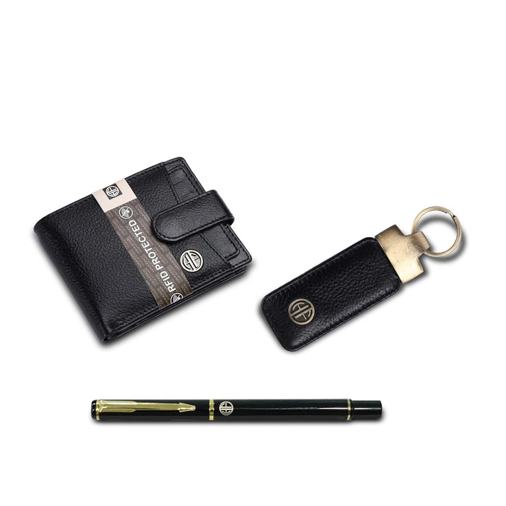HF Men's Executive Leather Gift Set - Wallet, Keychain & Pen | Premium Corporate Gift (Onyx Black)