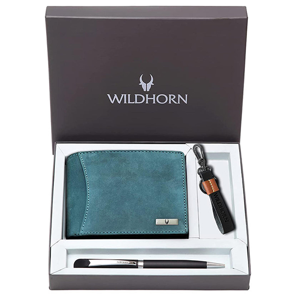 WILDHORN CORDOVA Premium Leather Wallet, Keychain & Pen Gift Set (Blue Hunter)