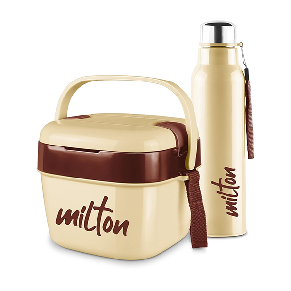 MILTON Cube Lunchmate (Steel Fit Insulated Water Bottle, 630 ml & Cubic Big Tiffin, 1.1 liter) - Ivory