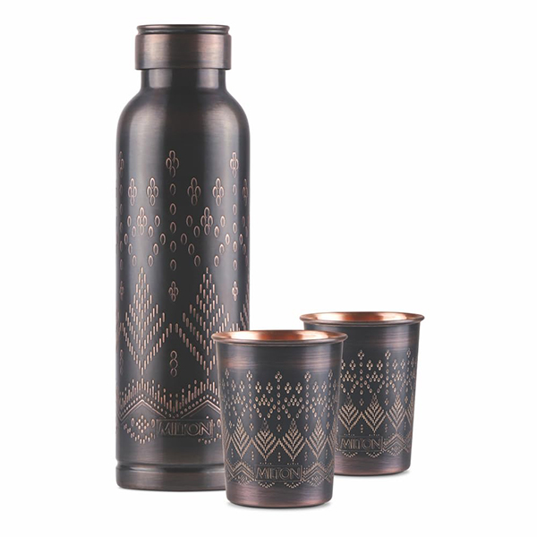 MILTON Copper Elegante Gift Set (1- Bottle, 940 ml and 2-Tumbler, 290 ml Each), Copper Ethnic-0