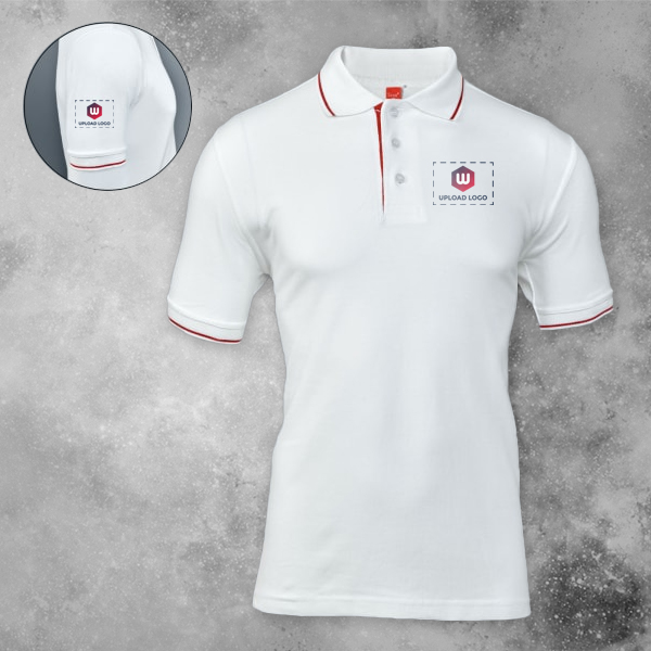 Scott Organic Cotton Polo T-Shirt for Men White with Red - Custom Logo Left Chest & Right Arm