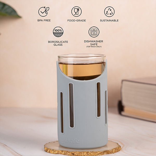 Glasafe Grip 'N' Sip Borosilicate Drinking Glass with Silicone Sleeve 350ml - Set of 2 (Soothing Slate)-4