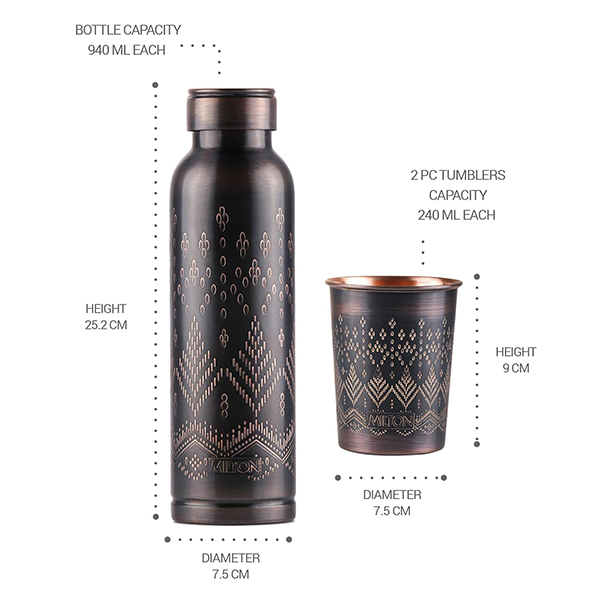 MILTON Copper Elegante Gift Set (1- Bottle, 940 ml and 2-Tumbler, 290 ml Each), Copper Ethnic-6