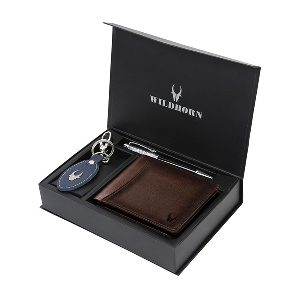 WILDHORN COSTA MESSA Leather Gift Set – Wallet, Keychain & Pen (Carob Brown)