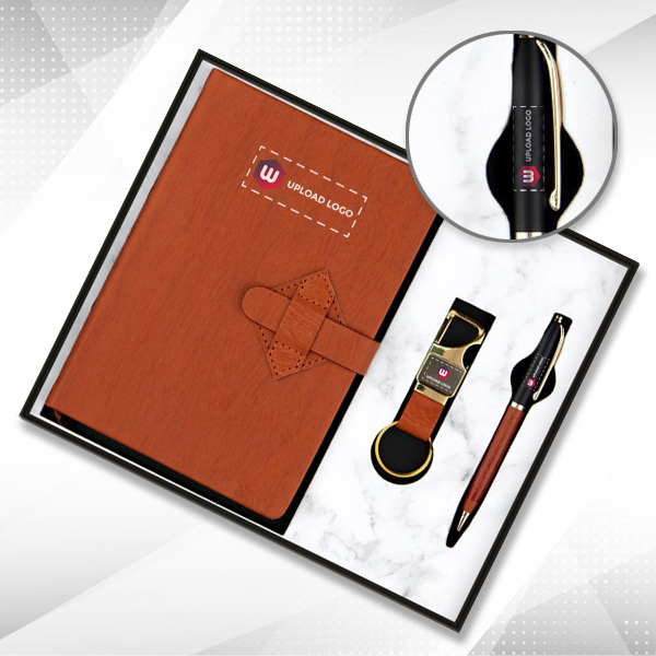 Customized 3-in-1 Combo Diary, Pen & Keychain Gift Set for Employees (Wooden Brown)
