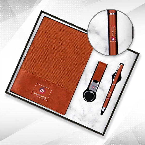 Customized 3-in-1 Combo Diary, Pen & Keychain Gift Set for Employees (Brown)