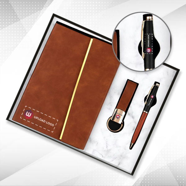 Customized 3-in-1 Combo Diary, Pen & Keychain Gift Set for Employees (Brown & Gold)-0