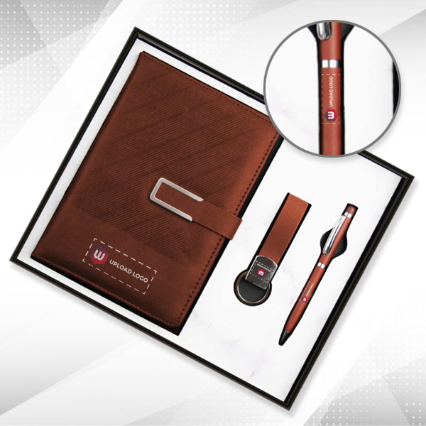 Customized 3-in-1 Combo Diary, Pen & Keychain Gift Set for Employees (Brown)