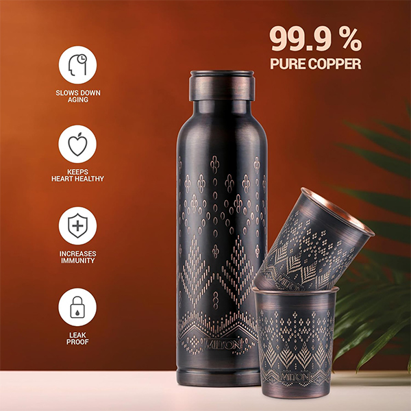 MILTON Copper Elegante Gift Set (1- Bottle, 940 ml and 2-Tumbler, 290 ml Each), Copper Ethnic-3