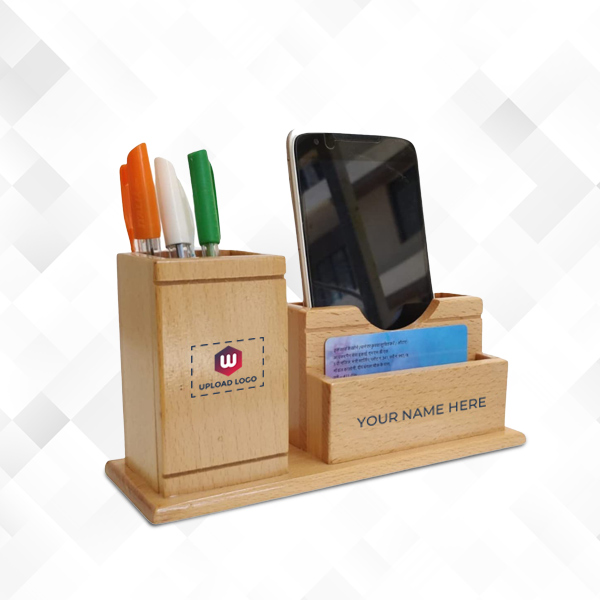 Wooden Pen Stand with Mobile & Card Holder-0
