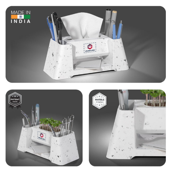 EO Versa- Pen Stand For Study Table with Self Watering Plant Pot & Glasses Holder (Marble Finish)-1