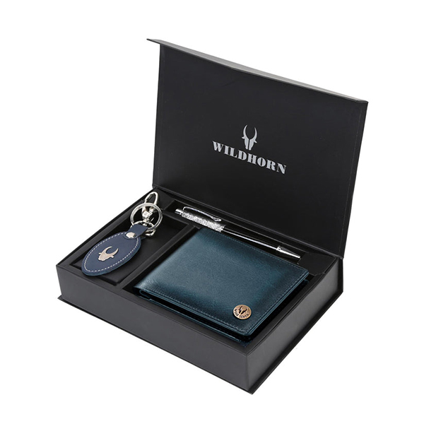 WILDHORN COSTA MESSA Leather Gift Set – Wallet, Keychain & Pen (Soft Blue)-0