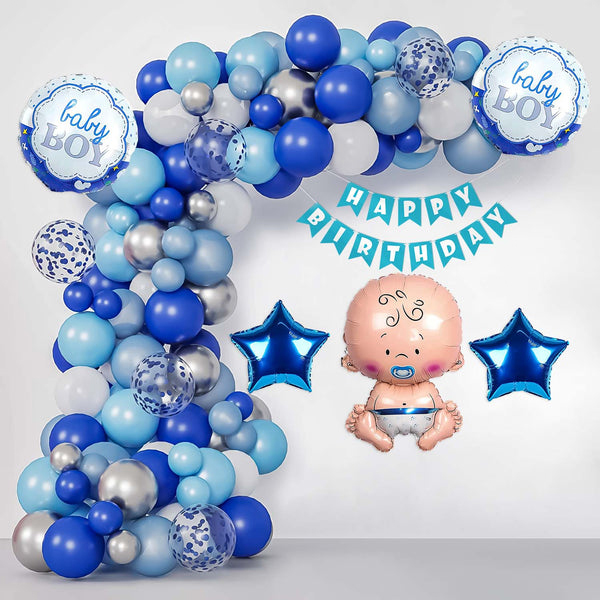 Blue-Themed Birthday Decoration Set with Baby Foil Balloons - 72 Pieces