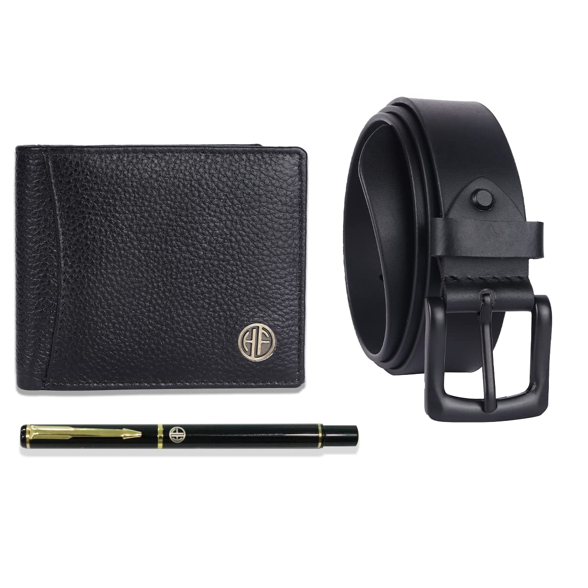 HF Premium Gift Set - Genuine Leather Wallet & Belt with Ball Pen (Asphalt Black)