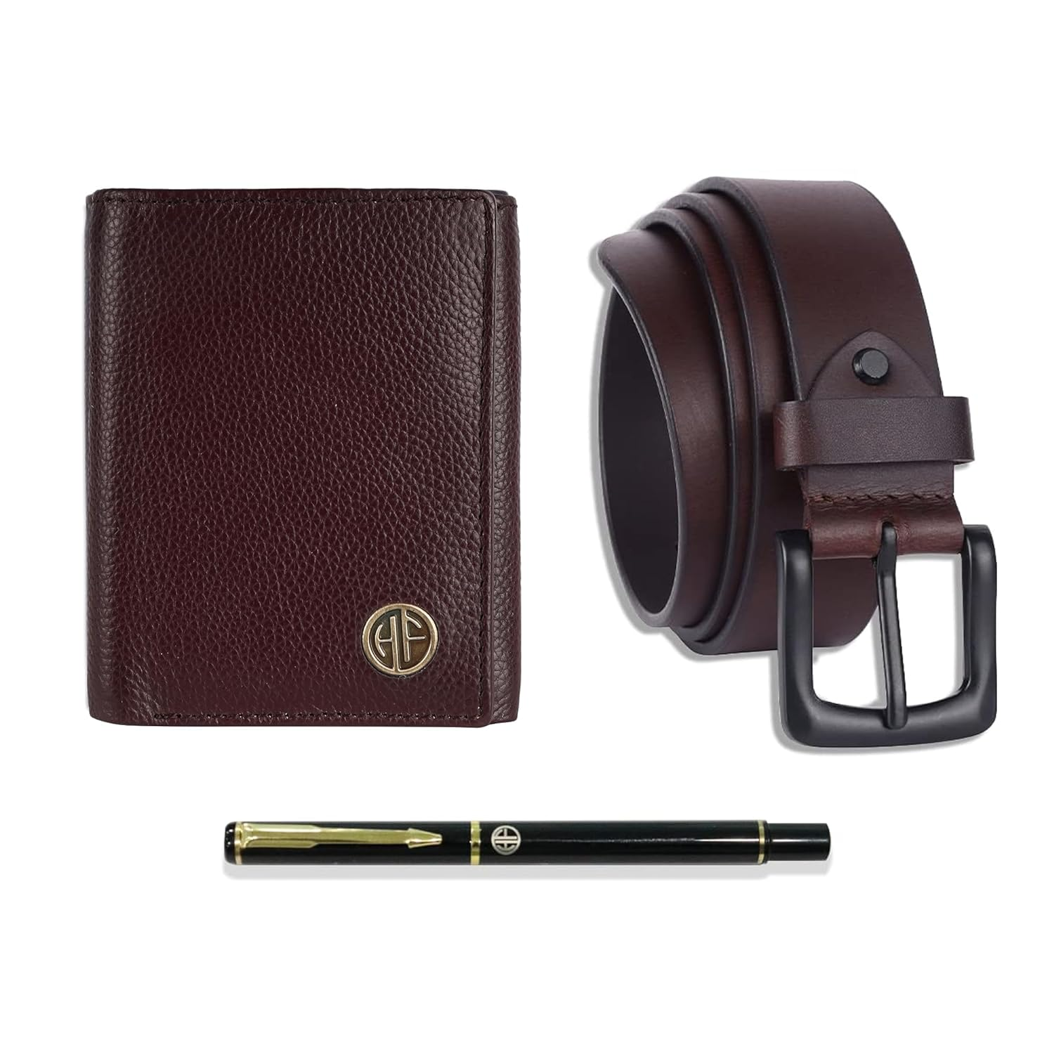 HF Premium Gift Set - Genuine Leather Wallet & Belt with Ball Pen (Blaze Brown)