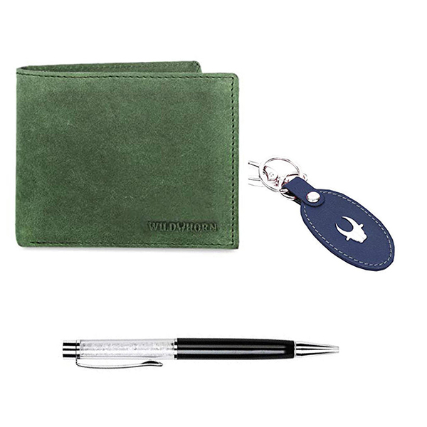 WILDHORN SANFORD Premium Leather Wallet, Keychain & Pen Gift Set for Men (Green Hunter)-1