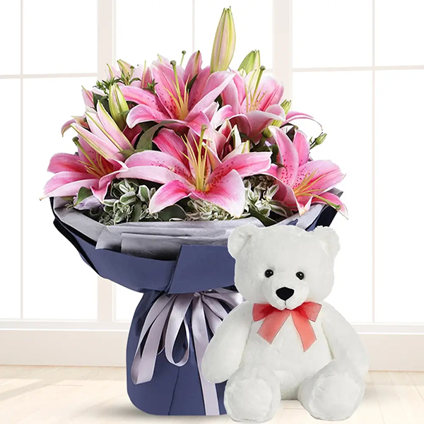 Bunch Pink Lilies with Teddy Bear Combo-0