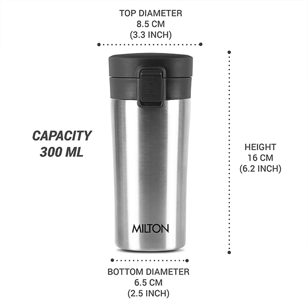 MILTON Coffee Mug Thermosteel Hot or Cold Insulated Flask, 300 ml-  Silver-7