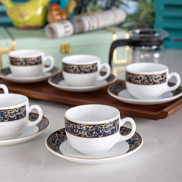 La Opala Diva Sovrana Collection, Opal Glass Cup & Saucer Set 12 pcs, Anassa Blue-White-1