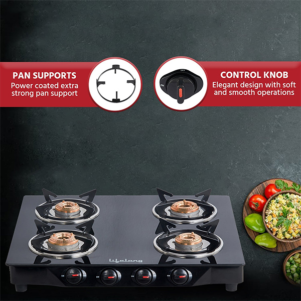 Lifelong LLGS27 Toughened Glass Top 4 Burner Glass Gas Stove-1