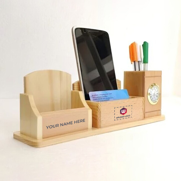Custom Wooden Pen Stand with Mobile & Card Holder with Clock-0