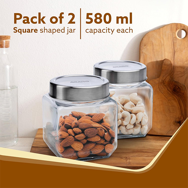 AGARO Elegant Cube Jar 580 ml, Square Shaped, Transparent Lid With Steel Finish-1