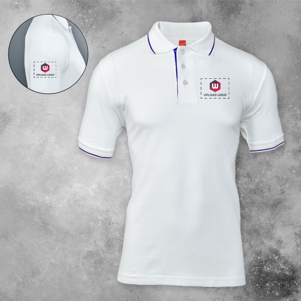 Scott Organic Cotton Polo T-Shirt for Men White with Royal Blue - Custom Logo Left Chest & Right Arm