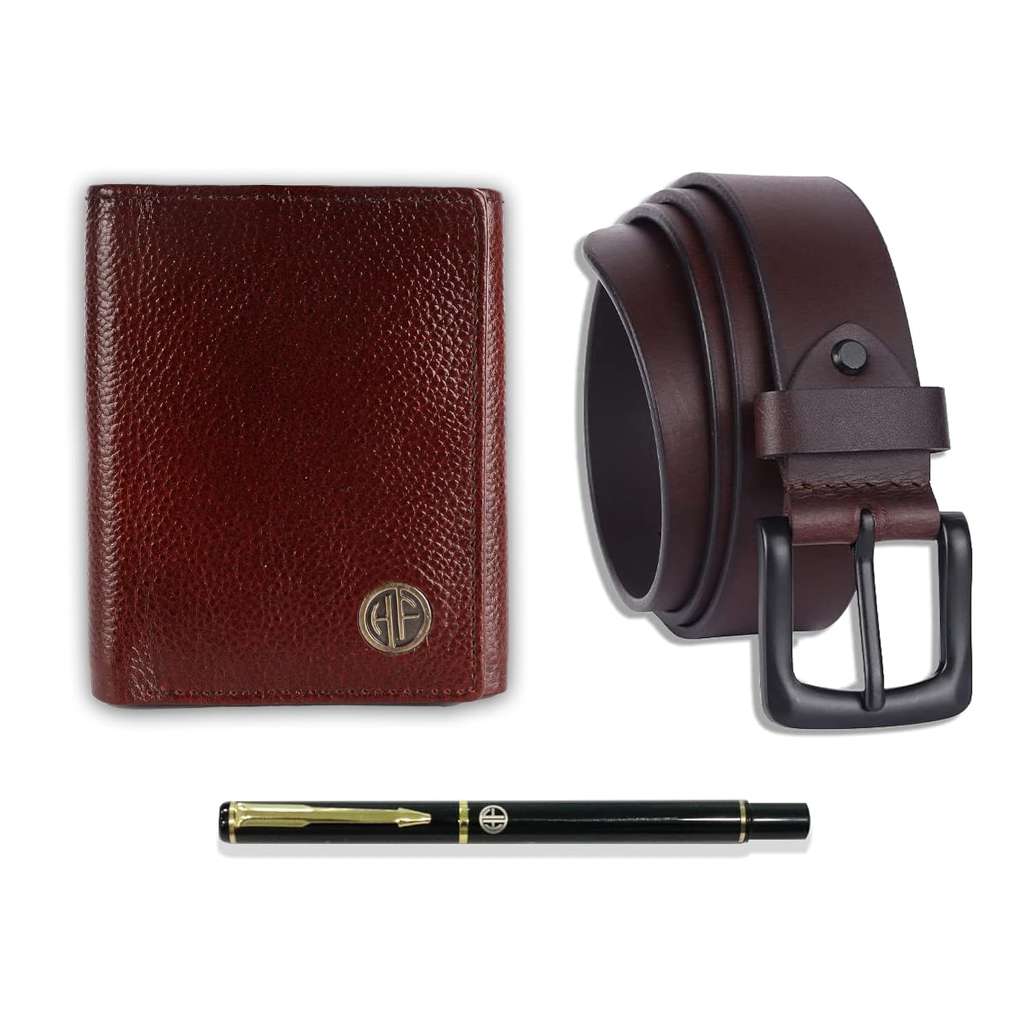 HF Premium Gift Set - Genuine Leather Wallet & Belt with Ball Pen (Brown)