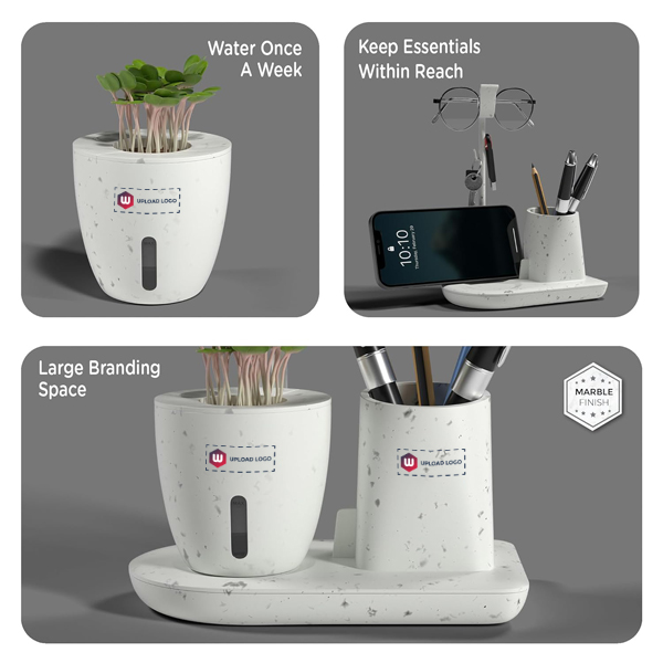 EO  Desk Station Pen Stand For Study Table with Self Watering Plant Pot (Marble White)-1