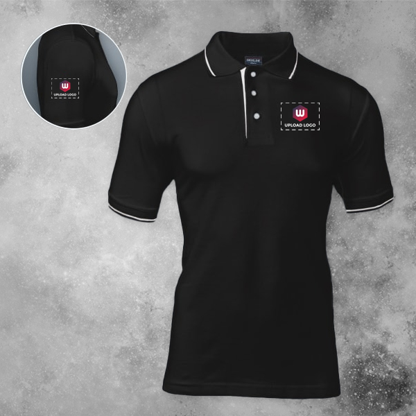 Highline Polo T-shirt for Men Black with White – Custom Logo Left Chest & Right Arm