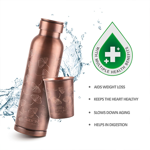 MILTON Copper Elegante Gift Set (1- Bottle, 940 ml and 2-Tumbler, 290 ml Each), Copper Petals-4