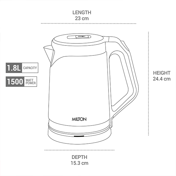 MILTON Vienna - Electric 1.8 Stainless Steel Electric Kettle, Auto Cut-off - (Black)-6
