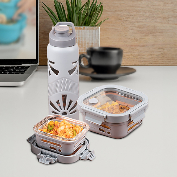 Glasafe Desk Munch Office Combo Set of 3 (Tiffin: 320mlx1 + 520mlx1 + Bottle: 750ml) - Soothing Slate-1